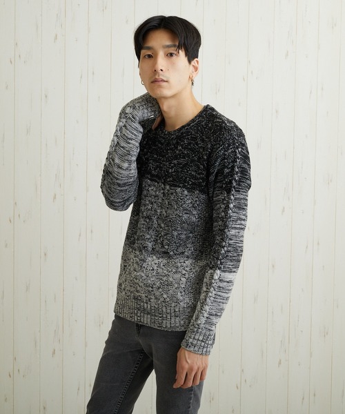 セーター ニット 「TONE MEN'S」ケーブルクルーネックニット(BL