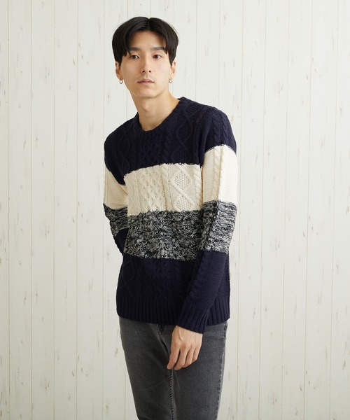 女の子向けプレゼント集結 セーター MEN'S」ケーブルクルーネックニット(BL 「TONE ニット トップス