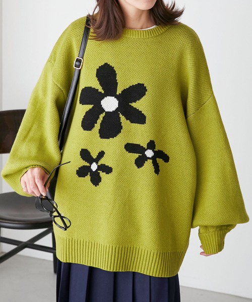 BONLECILL ニット フラワージャガード BIGシルエットニットプル BONLECILL ニット フラワージャガード BIGシルエットニットプル