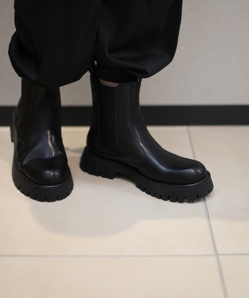 厚底レザーチェルシーブーツ ユニセックス shoes365 ブーツ 「shoes365」二層ステッチ厚底チェルシーブーツ