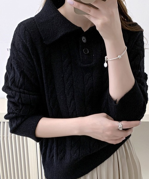 Dewlily ニット セーター ケーブル編みポロシャツ風ニット レディース