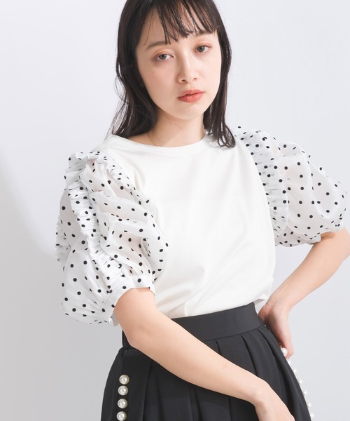 tシャツ 袖ドットフリルコットンカットソー レディース