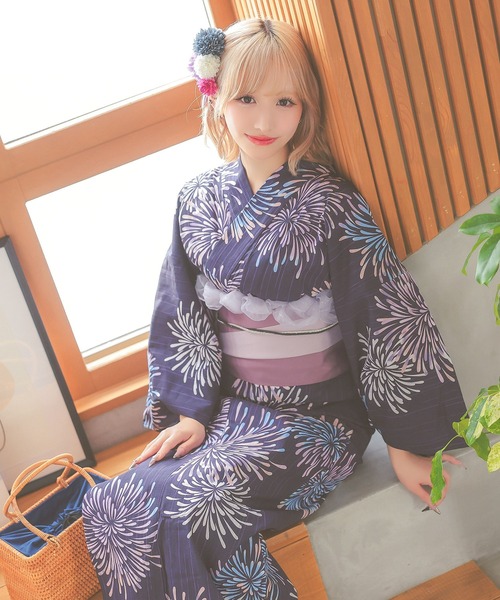 Retica 浴衣 浴衣セット レディース 紺地×イエロー花火 ゆかた3