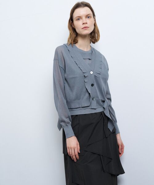 LANVIN en Bleu バイカラーニットワンピース、カーディガン バイカラーⅤネックリブカーディガン|LANVIN en Bleu | LANVIN