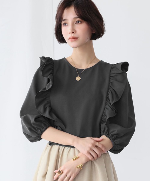 ✨美品✨ フォーティーファイブアール アルパカタムフリルブラウス モヘア混 毛混 ELFRANK ブラウス シャツ サイドギャザーフリル切替ブラウス