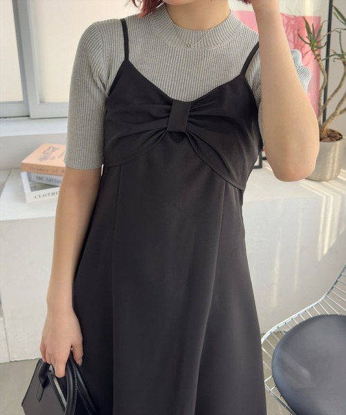 リボン付きワンピース フレアミニキャミワンピース 大人可愛い 大きいサイズ フクレストライプ 肩リボン キャミワンピース