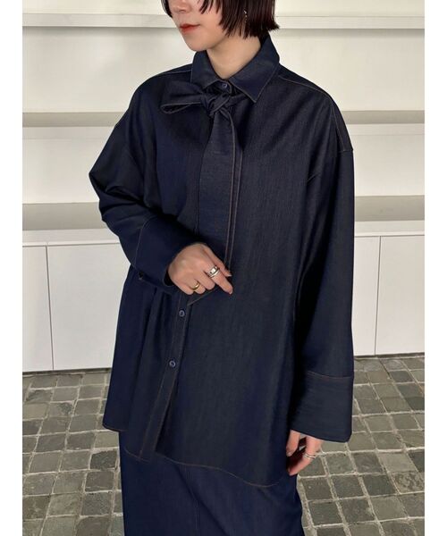 美品　ラグナムーン　柳橋唯コラボ　ワイドスリーブタイネックシャツ　デニム 美品 ラグナムーン 柳橋唯コラボ ワイドスリーブタイネック
