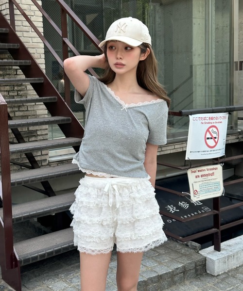 Ray Cassin パンツ ボリュームフリルレースショートパンツ