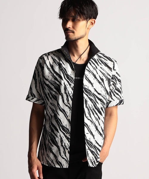 ニコルクラブフォーメン（NICOLE CLUB FOR MEN）/アラカルトプリント半袖スタンドシャツ NICOLE CLUB FOR MEN（ニコルクラブフォーメン） シャツ アラカルト