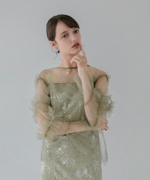レジャ Leja チュールフリルペイントマーメイドドレスワンピース2点セット美脚効果結婚式 パーティードレス 成人式 二次会 同窓会 お呼ばれ オケー レジャ Leja チュールフリルペイントマーメイドドレスワンピース