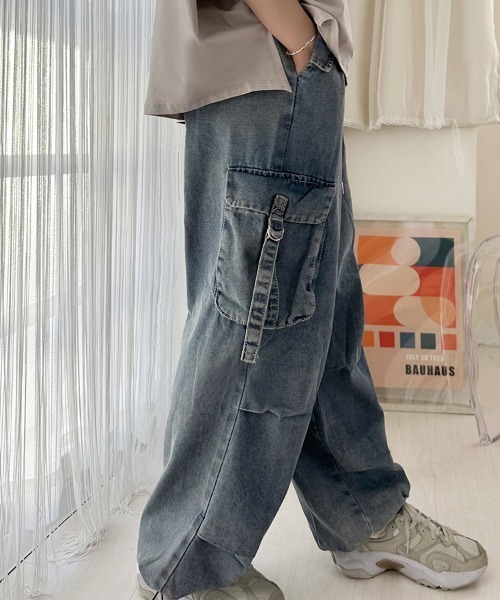 【新品】searoomlynn LOOSEカーゴデニムパンツ　グレー　即完売品 LTXC】ドローコードデニムカーゴパンツ(S(140) ライト ブルー