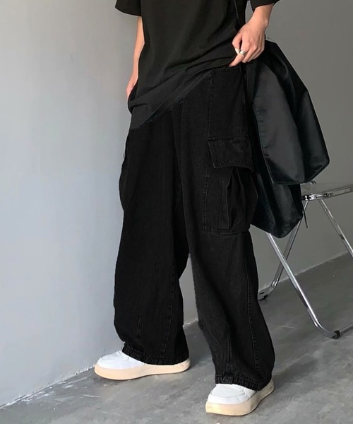 link lot カーゴパンツ ウォッシュ加工デニムワイドバレルレッグカーゴ