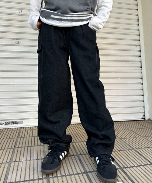 link lot カーゴパンツ ウォッシュ加工 デニムワイドバレルレッグ