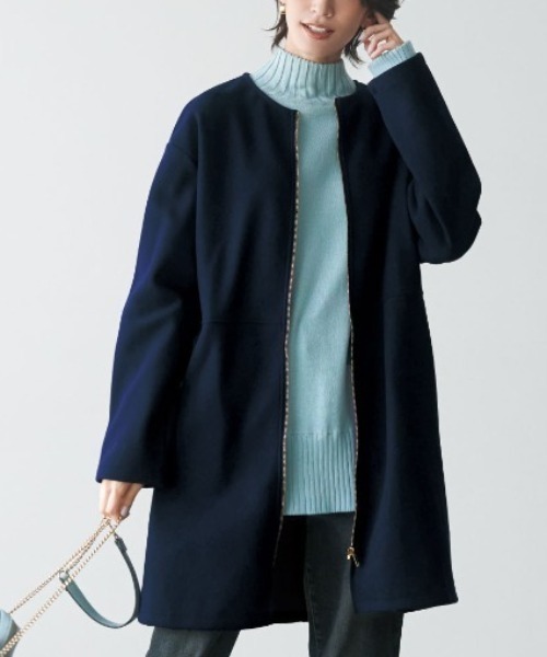 ✨美品✨ nop de nod ミドル丈リバーシブルコート ネイビー Mサイズ IEDIT（イディット） ノーカラーコート コート きれいめ上品なほどぬく