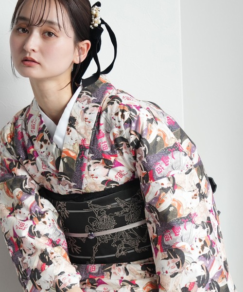 utatane 着物 着物 単衣 ニコアンティーク 美人画猫 レディース