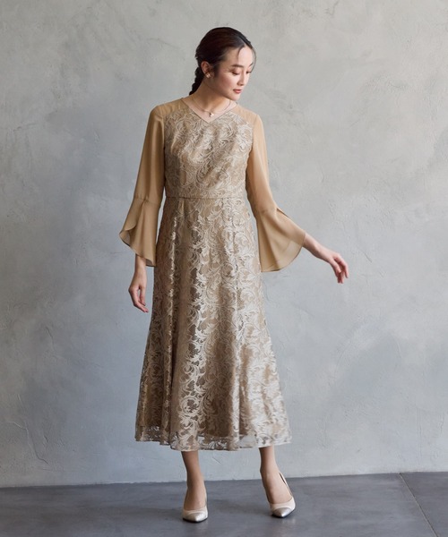 aimeracret フレアリーブドレス　結婚式 AIMER ドレス フレアスリーブレースマーメイドパーティードレス