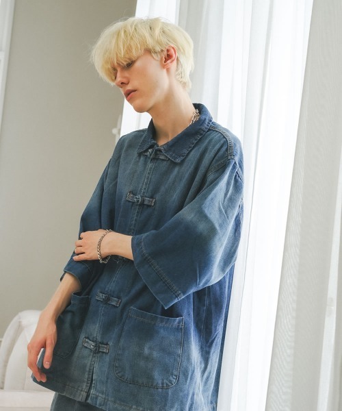 ☆boohoo MAN☆ジャカードデニム オーバーサイズ シャツ ジャカード シャツデニム 2ポケットワークシャツ /VINTAGE WASH