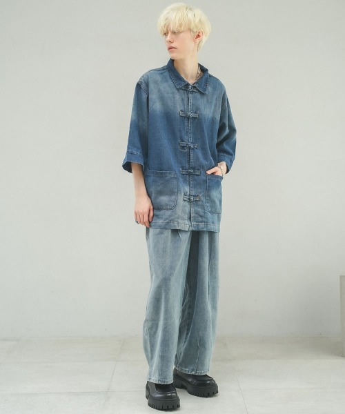 ☆boohoo MAN☆ジャカードデニム オーバーサイズ シャツ Shoowtime シャツ オーバーサイズデニムチャイナシャツ メンズ
