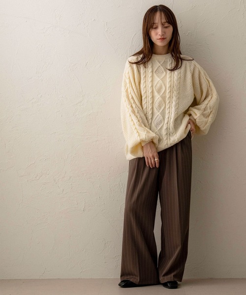 ケーブルニット　ウール100%セーター ベージュ 長袖 NOAHL（ノアル） ニット セーター 「NOAHL」ケーブルニット レディース