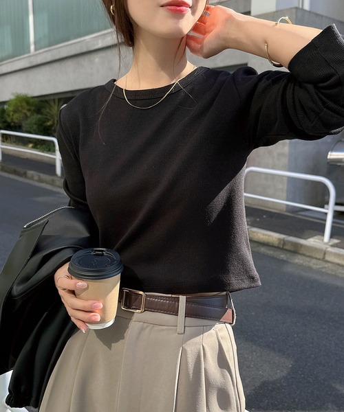 tシャツ テレコクルーネックトップス レディース andme tシャツ テレコリブショート丈クルーネックトップス