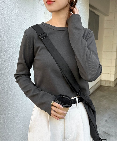 andme tシャツ テレコリブショート丈クルーネックトップス