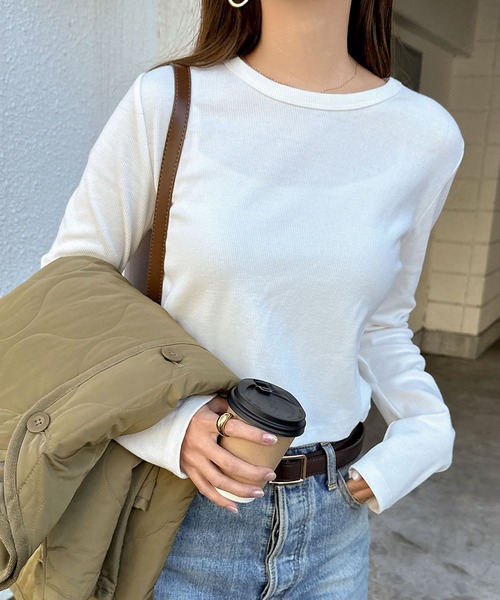 andme tシャツ テレコリブショート丈クルーネックトップス