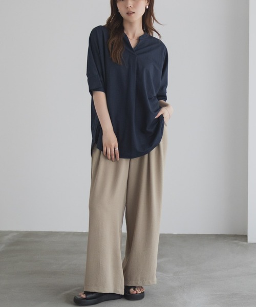 NAVY tシャツ NAVY SARARI 接触冷感 スキッパー5分袖ブラウス