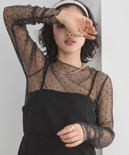 tシャツ フロッキーチュールカットトップ レディース ANGIE tシャツ フロッキー ドット チュール シアー トップス