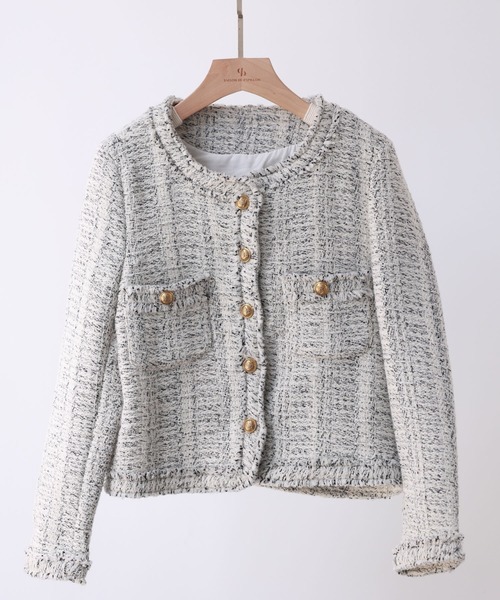 「SAISON DE PAPILLON」 ツイードジャケット M ホワイト×ブラック レディース_画像2