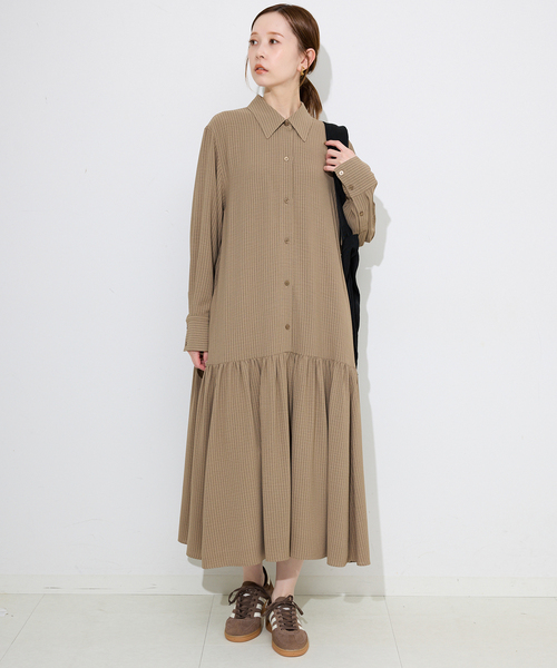 SLOBE IENA ワンピース チョークストライプティアードシャツ