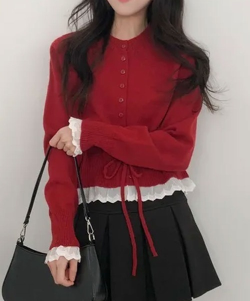 BOUTIQUE MOSCHINOプリーツフリル・リボン付きレッドカーディガン リボン付きチェリー刺繍シアーラメカーディガン