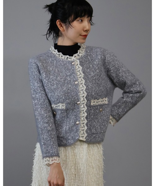 Doumoi カーディガン レース付きシャギーニットカーディガン