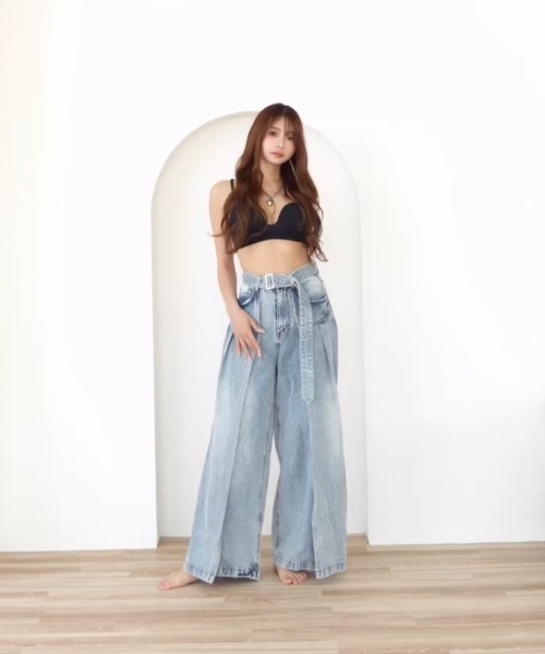 DURAS（デュラス） ワイドパンツ ジーンズ デニム デニムパンツ サイド