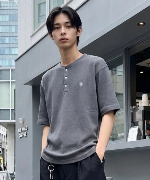00s USA製 Polo ヘンリーネックロンT 無地 灰 XL A899 U.S. POLO ASSN.（ユーエスポロアッスン） ヘンリーネック tシャツ