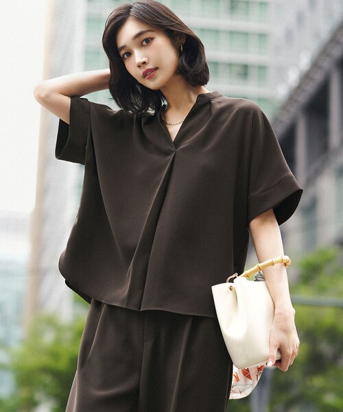 tシャツ 半袖 ストレッチジョーゼット キーネック ブラウス レディース