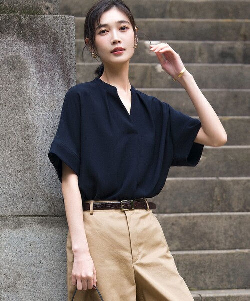 tシャツ 半袖 ストレッチジョーゼット キーネック ブラウス レディース 
