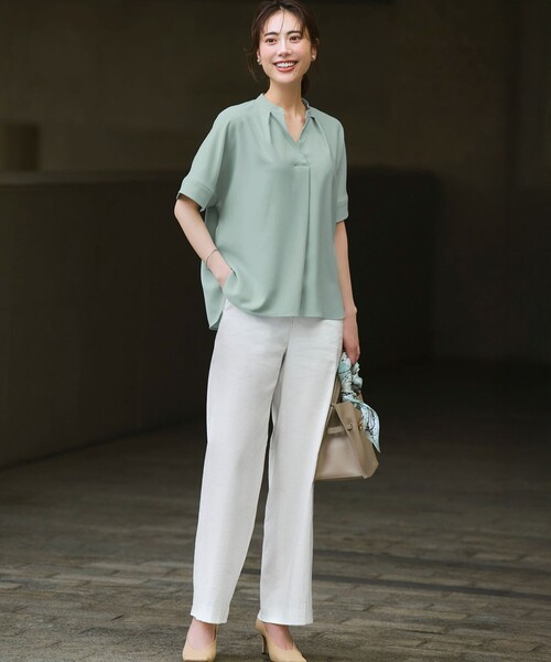 新品未使用　ストレッチジョーゼット　キーネックブラウス tシャツ 半袖 ストレッチジョーゼット キーネック ブラウス レディース