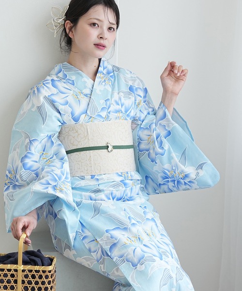 utatane 浴衣 浴衣3点セット 澄み渡る水色に百合 レディース 