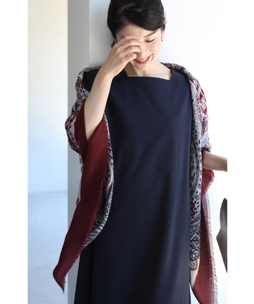 ネイビー スクエアネック ロングワンピース cawaii ワンピース （濃紺）シンプルな美しさが引き立つスクエア