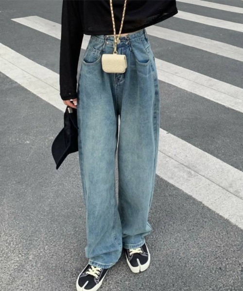 Louren ハイウエストヴィンテージライクストレートデニム ワイドパンツ Louren ハイウエストヴィンテージライクストレートデニム ワイド