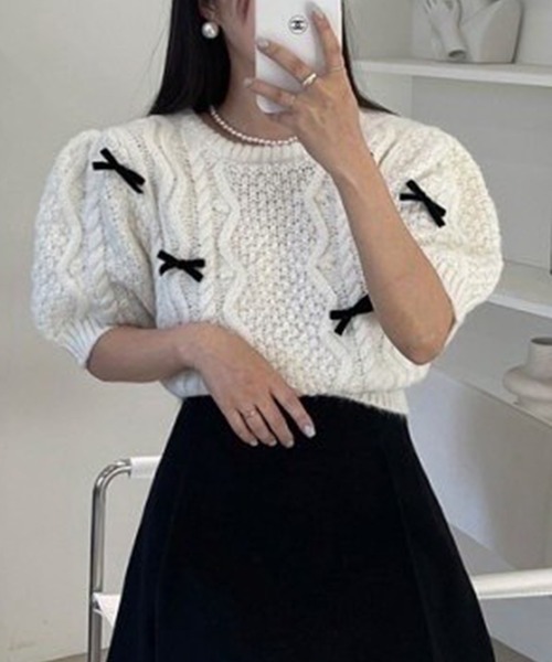 leune（ルネ） ニット セーター パフスリーブリボンニットプルオーバー