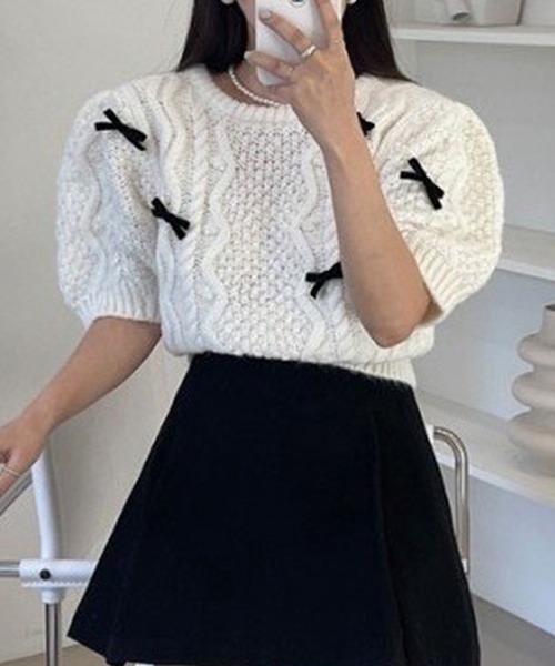 【美品】ADEAM ライトブルー パフスリーブ ニット　半袖 KOBE LETTUCE トップス レディース 40代 上品 サマーニット 半袖