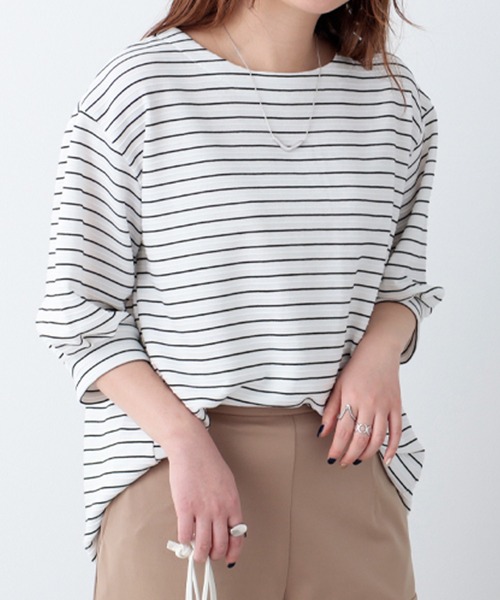 BELLUNA PLUS tシャツ リップルボーダー袖タックプルオーバー
