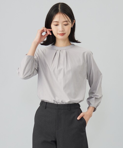 tシャツ ストライプジャージー モックネック カットソー レディース