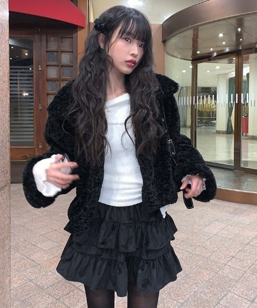 anyonemore コート アウター 襟付きフェイクファーショートジャケット 