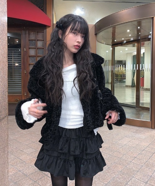 anyonemore コート アウター 襟付きフェイクファーショートジャケット 