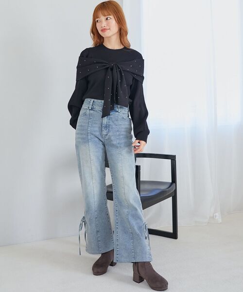 リボン付きグレー長袖ニットセーター MAJESTIC LEGON（マジェスティックレゴン） ニット セーター リボン