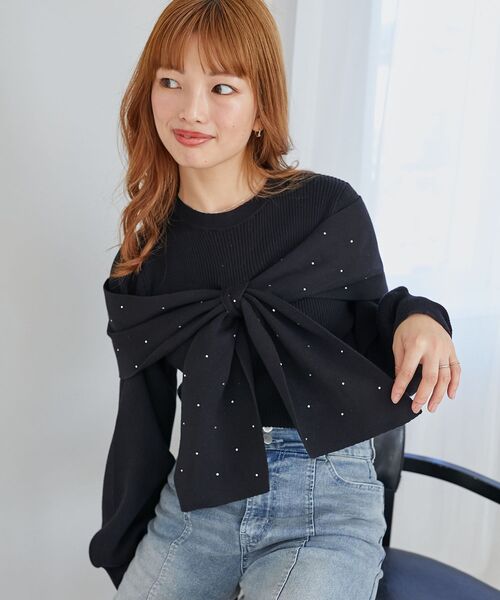 エムズグレイシー ニット セーター 半袖 バックリボン ビジュー ハイネック 黒 MAJESTIC LEGON（マジェスティックレゴン） ニット セーター リボン