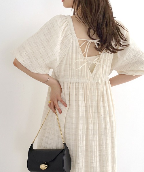 Freesia ワンピース 夏 半袖 シアーチェックボリューム袖ロング