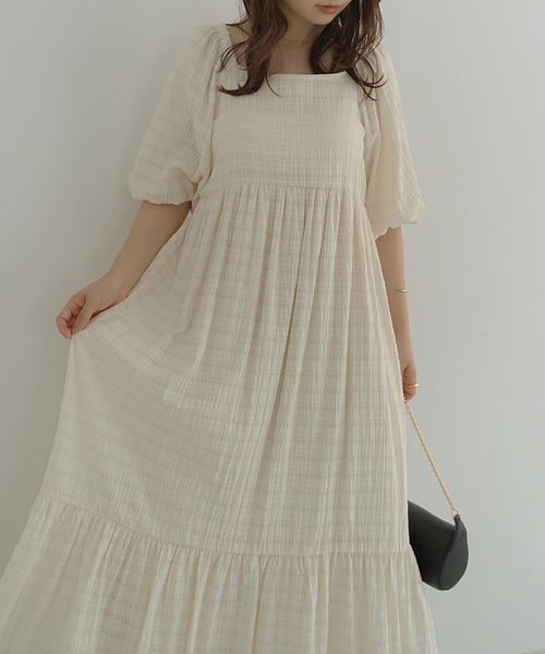 Freesia ワンピース シアーチェックボリューム袖ロングワンピース